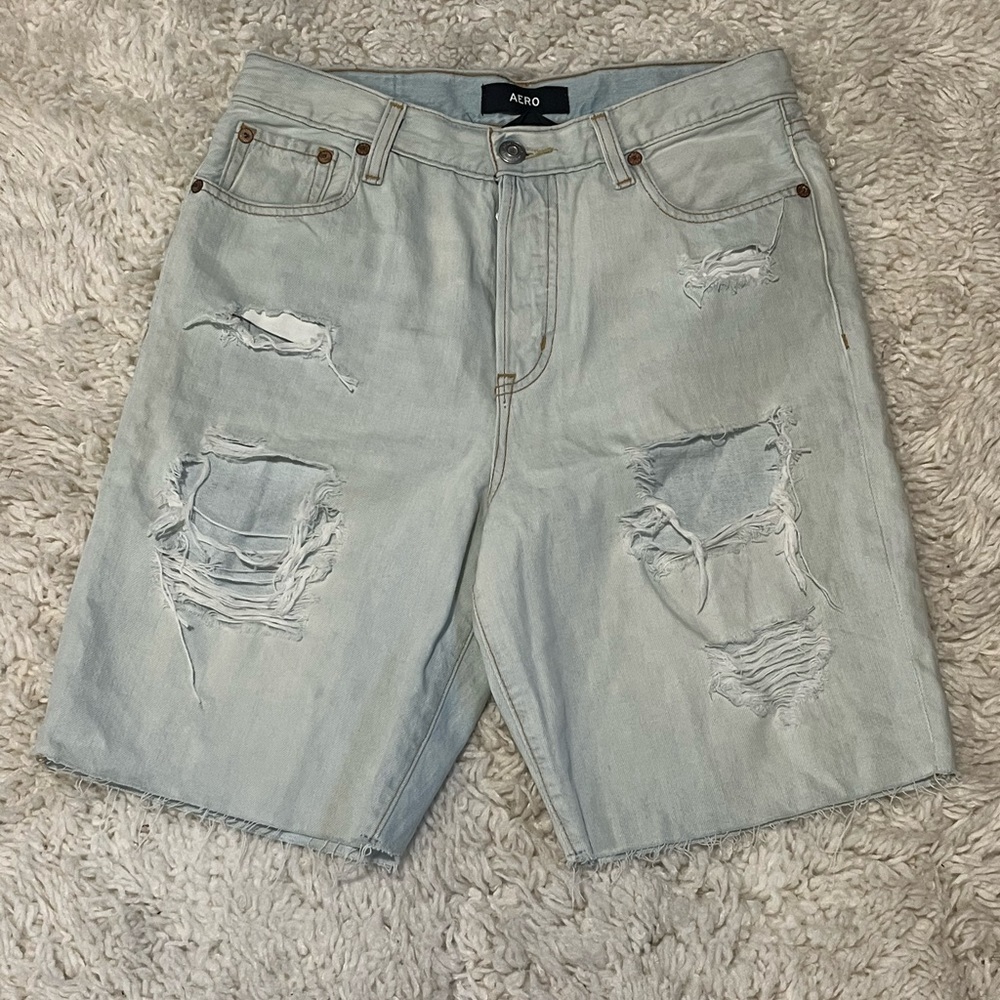Aero Womens High Rise Cut Off Jean Denim Shorts Button Fly Distressed Size 8